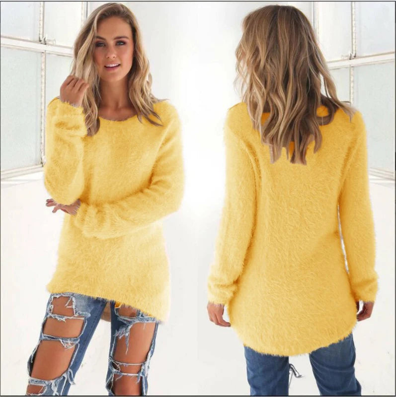 2024 Women Warm Sweaters Solid Color O Neck Loose Knitted Pullover Long Sweater Casual Blouse Lady Hipster Comfortable Clothing