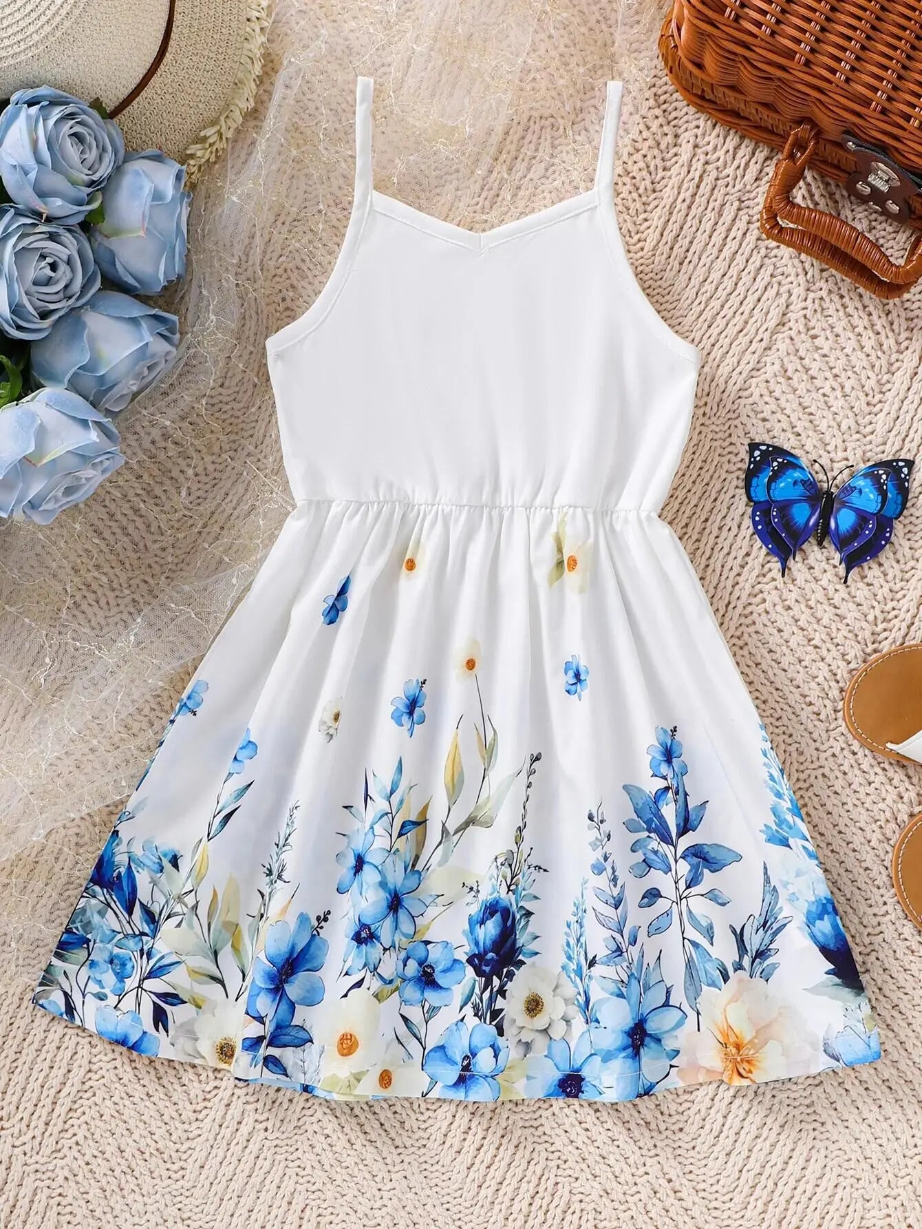 Kids Girl Summer New Sling Dress Flower Print Suspenders Dresses Daily Comfortable Casual Clothing for Children Girl 4-7 Years