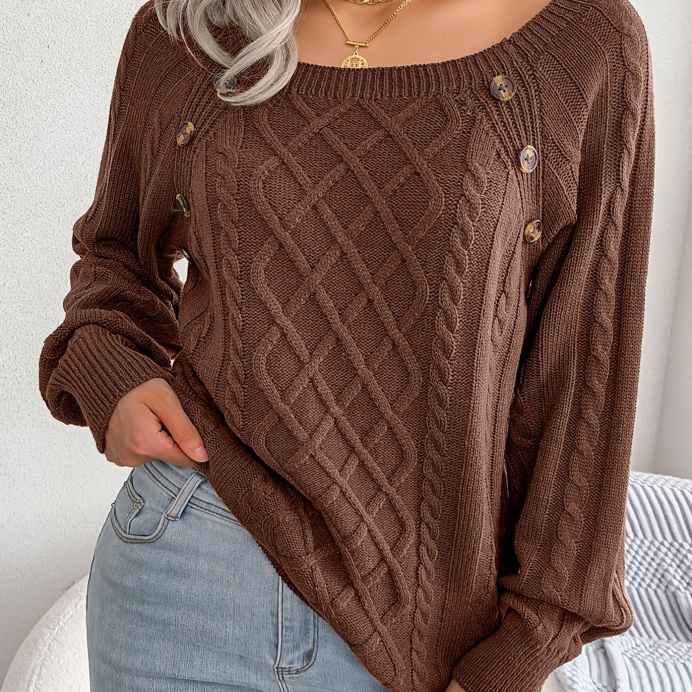 Texture Button Lantern Sleeve Sweater - Women's Round Neck Sweater