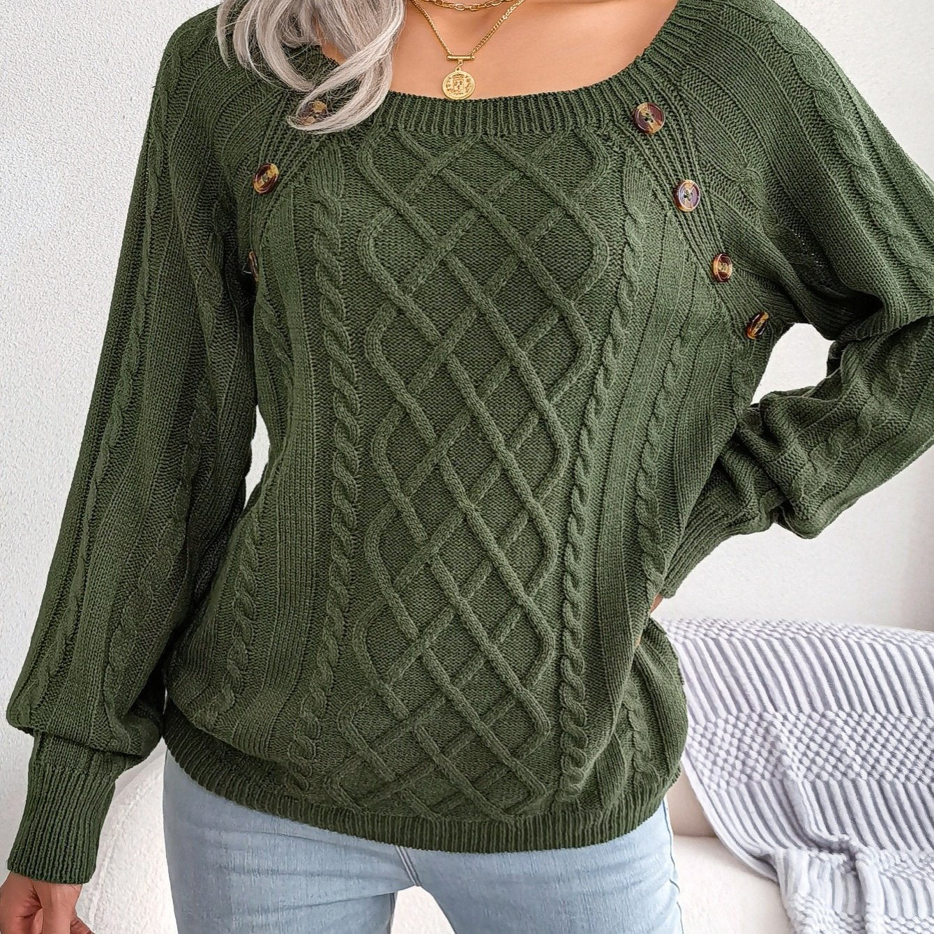 Texture Button Lantern Sleeve Sweater - Women's Round Neck Sweater