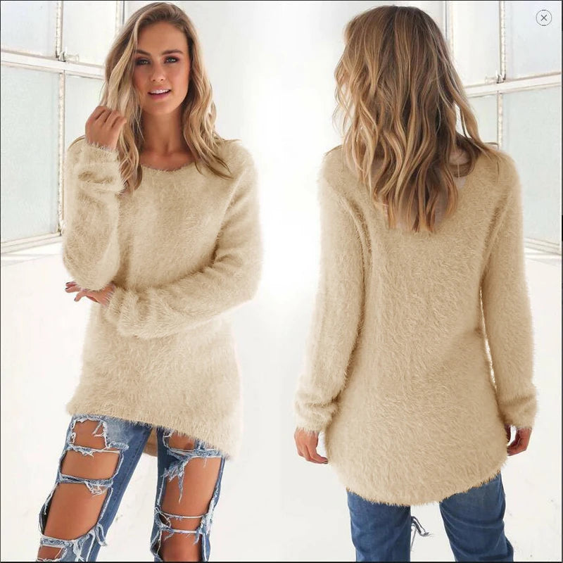 2024 Women Warm Sweaters Solid Color O Neck Loose Knitted Pullover Long Sweater Casual Blouse Lady Hipster Comfortable Clothing