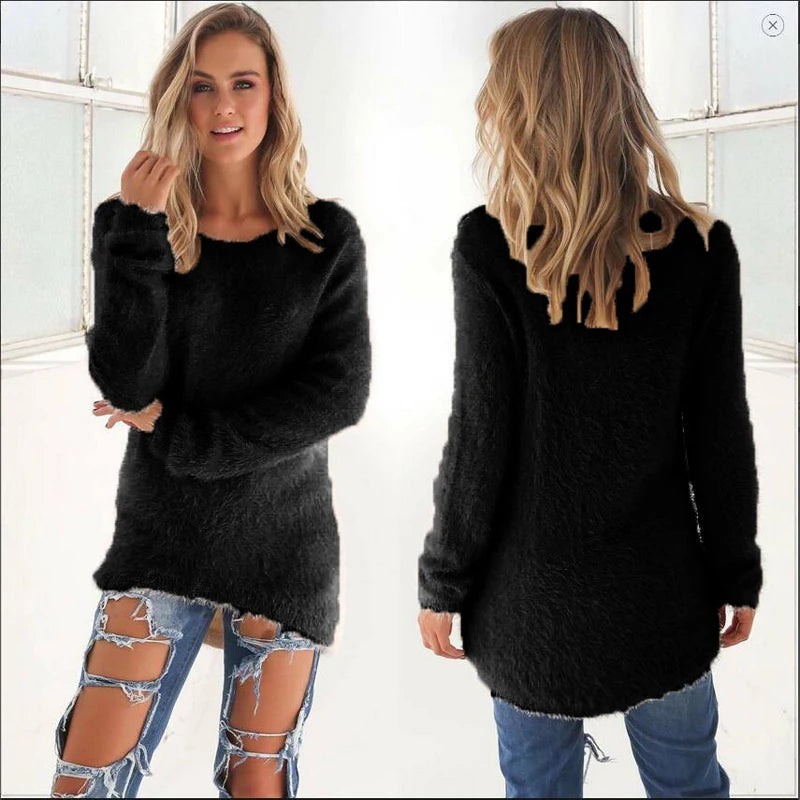 2024 Women Warm Sweaters Solid Color O Neck Loose Knitted Pullover Long Sweater Casual Blouse Lady Hipster Comfortable Clothing