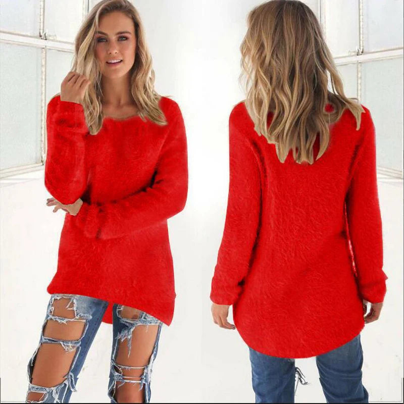 2024 Women Warm Sweaters Solid Color O Neck Loose Knitted Pullover Long Sweater Casual Blouse Lady Hipster Comfortable Clothing