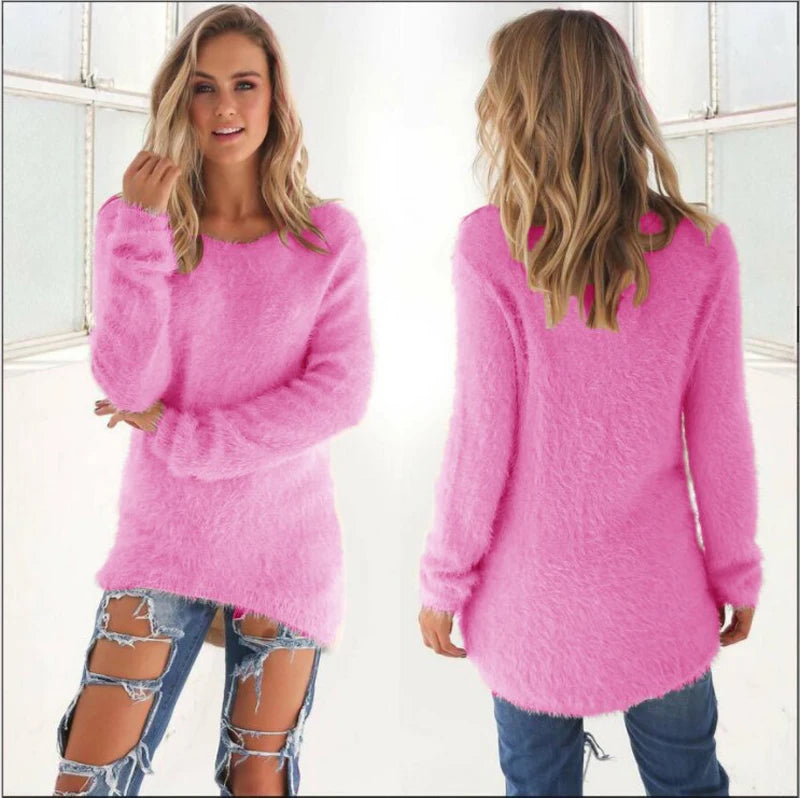 2024 Women Warm Sweaters Solid Color O Neck Loose Knitted Pullover Long Sweater Casual Blouse Lady Hipster Comfortable Clothing