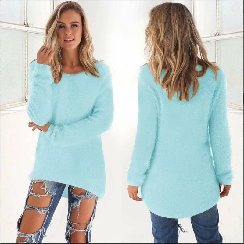 2024 Women Warm Sweaters Solid Color O Neck Loose Knitted Pullover Long Sweater Casual Blouse Lady Hipster Comfortable Clothing