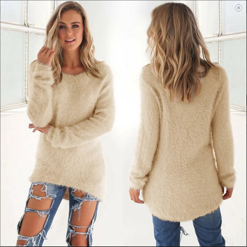 2024 Women Warm Sweaters Solid Color O Neck Loose Knitted Pullover Long Sweater Casual Blouse Lady Hipster Comfortable Clothing