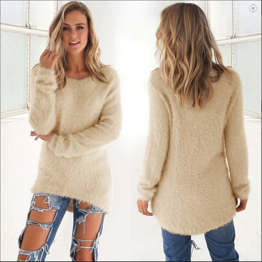 2024 Women Warm Sweaters Solid Color O Neck Loose Knitted Pullover Long Sweater Casual Blouse Lady Hipster Comfortable Clothing