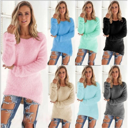 2024 Women Warm Sweaters Solid Color O Neck Loose Knitted Pullover Long Sweater Casual Blouse Lady Hipster Comfortable Clothing
