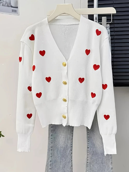 Sweater Women Knitted Coats Fashion V-neck Slim Versatile Heart Button Cardigan Autumn Office Lady Chic Long Sleeve Outerwear