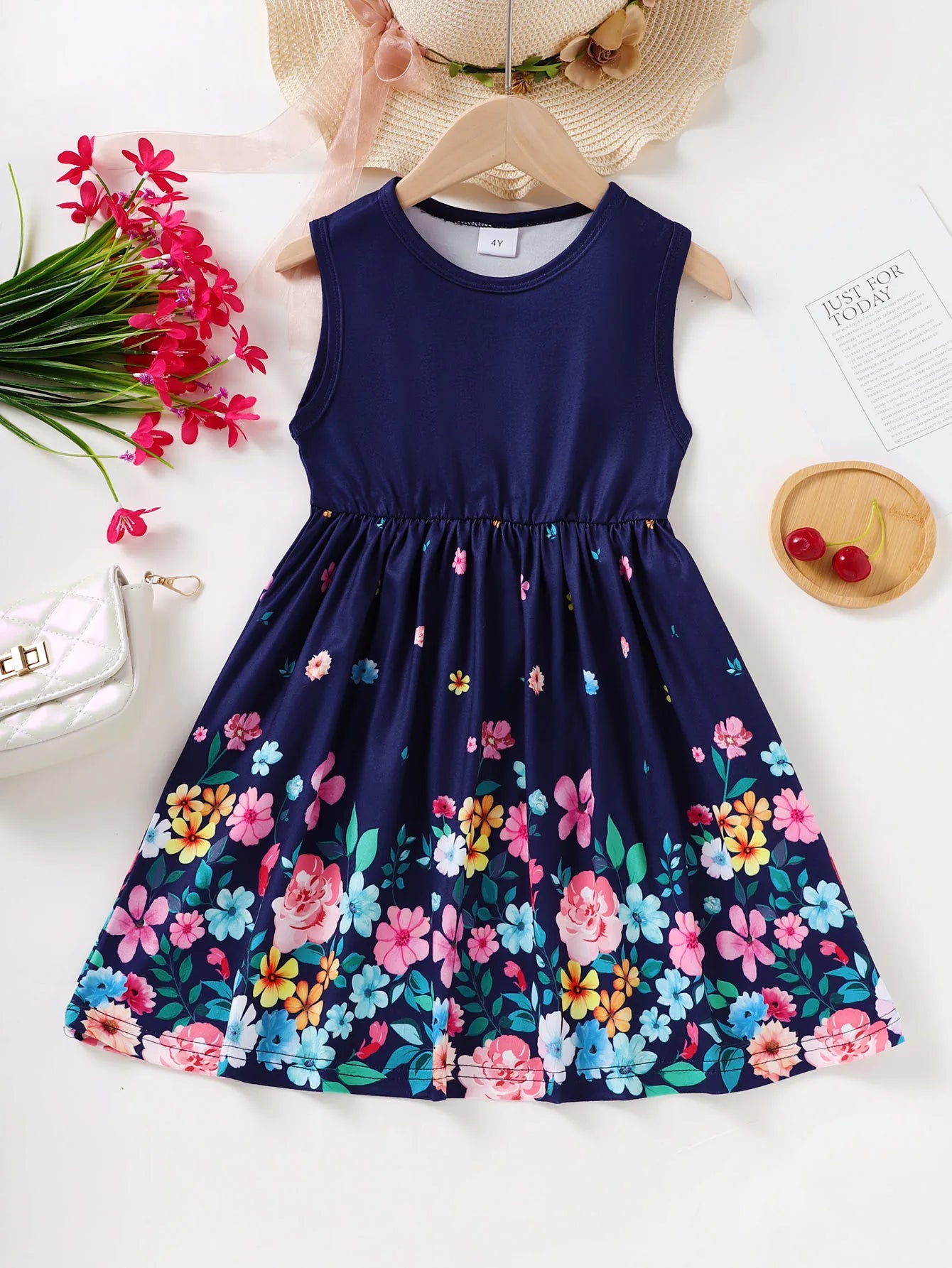 Kids Girl Summer New Sling Dress Flower Print Suspenders Dresses Daily Comfortable Casual Clothing for Children Girl 4-7 Years