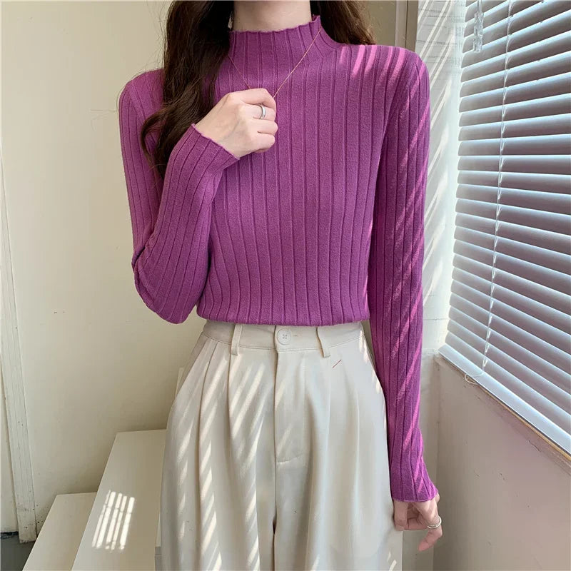 Woman Sweaters 2025 Autumn Winter Knitted Ribbed Turtleneck Sweater Women Clothes Long Sleeve Slim Basic Pullover Solid Tops