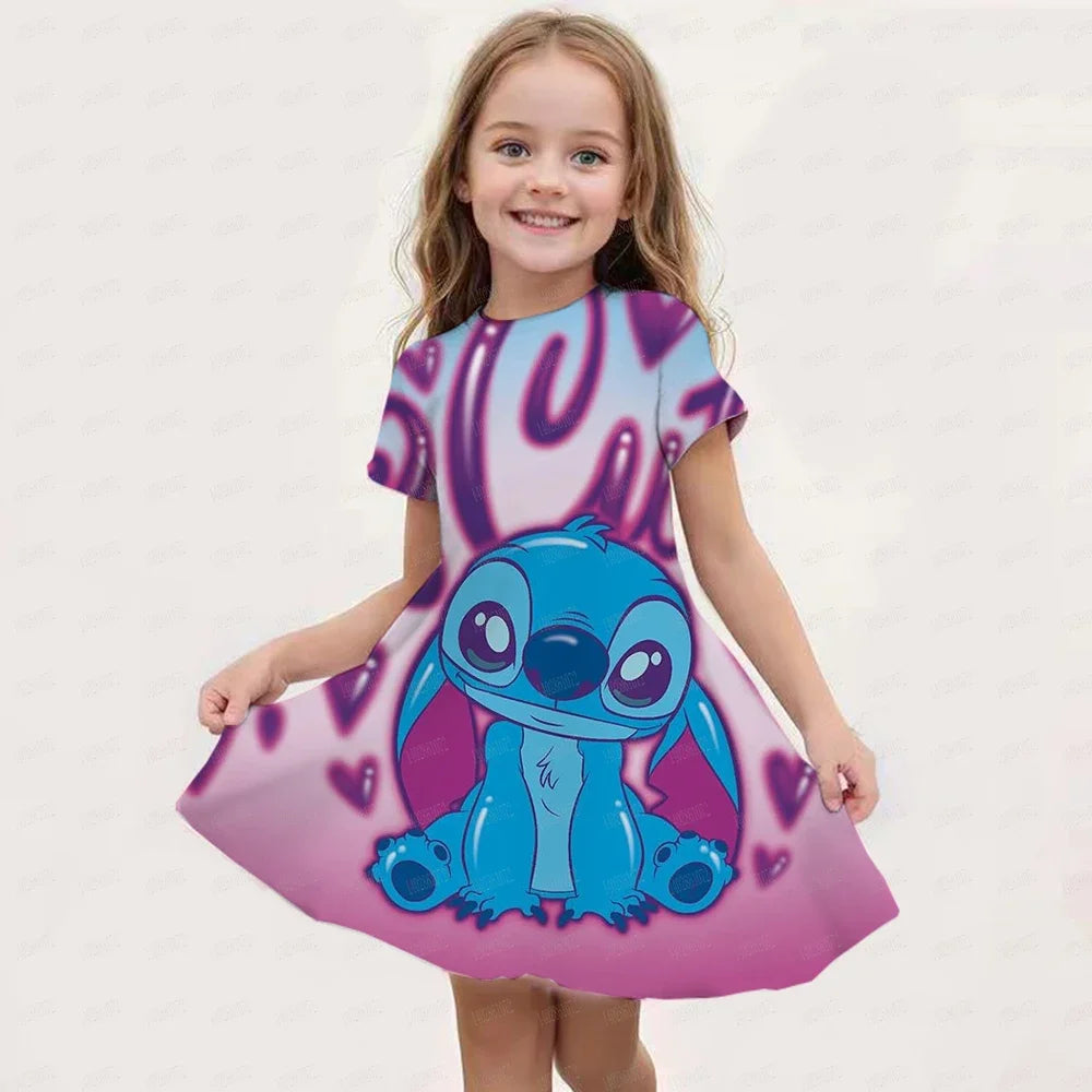 MINISO New Summer Girl Dress Disney Stitch Cute 3D Print Children's Clothing 2024 Cute Fashion Princess Cartoon Comfortable