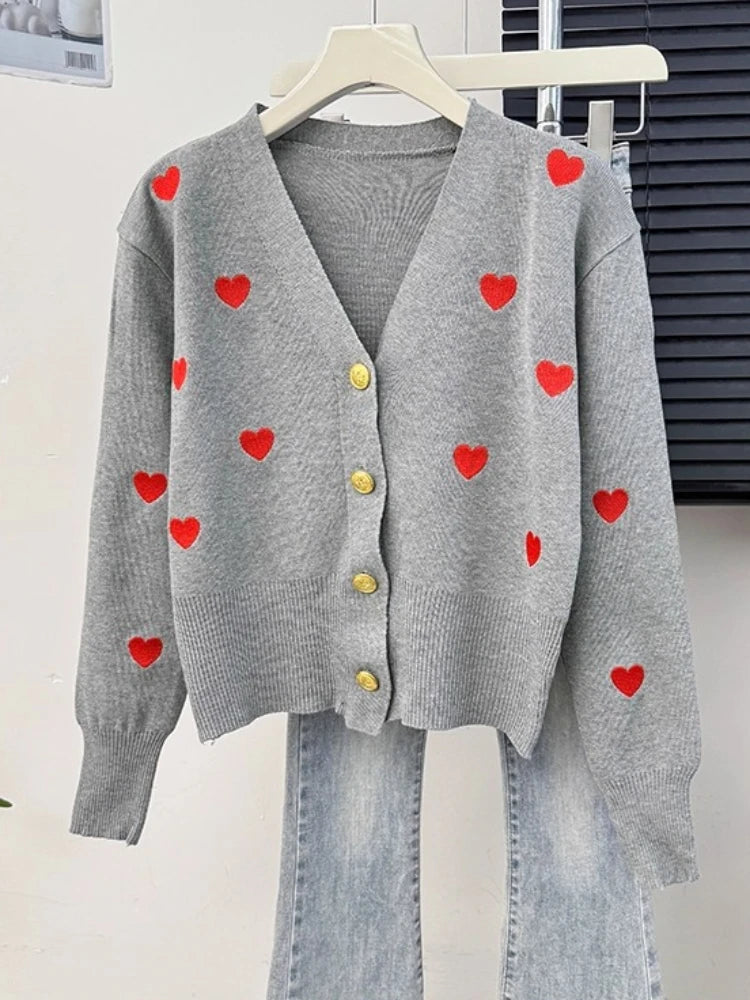 Sweater Women Knitted Coats Fashion V-neck Slim Versatile Heart Button Cardigan Autumn Office Lady Chic Long Sleeve Outerwear