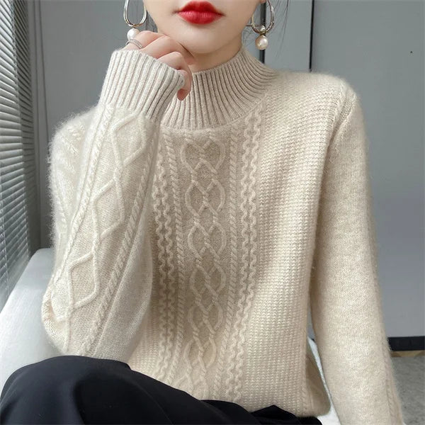 Women's Sweater Spring Autumn Outside Wear Pullovers Half High Collar Knitwear Fashion Long Sleeve Pull Femme Sueter Tops