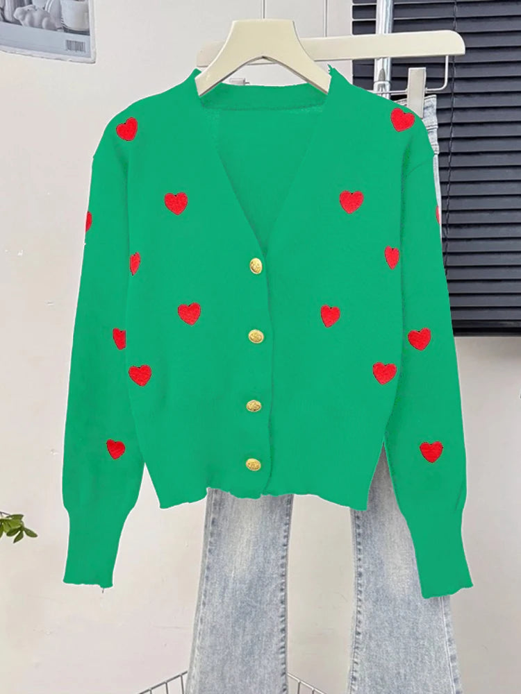 Sweater Women Knitted Coats Fashion V-neck Slim Versatile Heart Button Cardigan Autumn Office Lady Chic Long Sleeve Outerwear