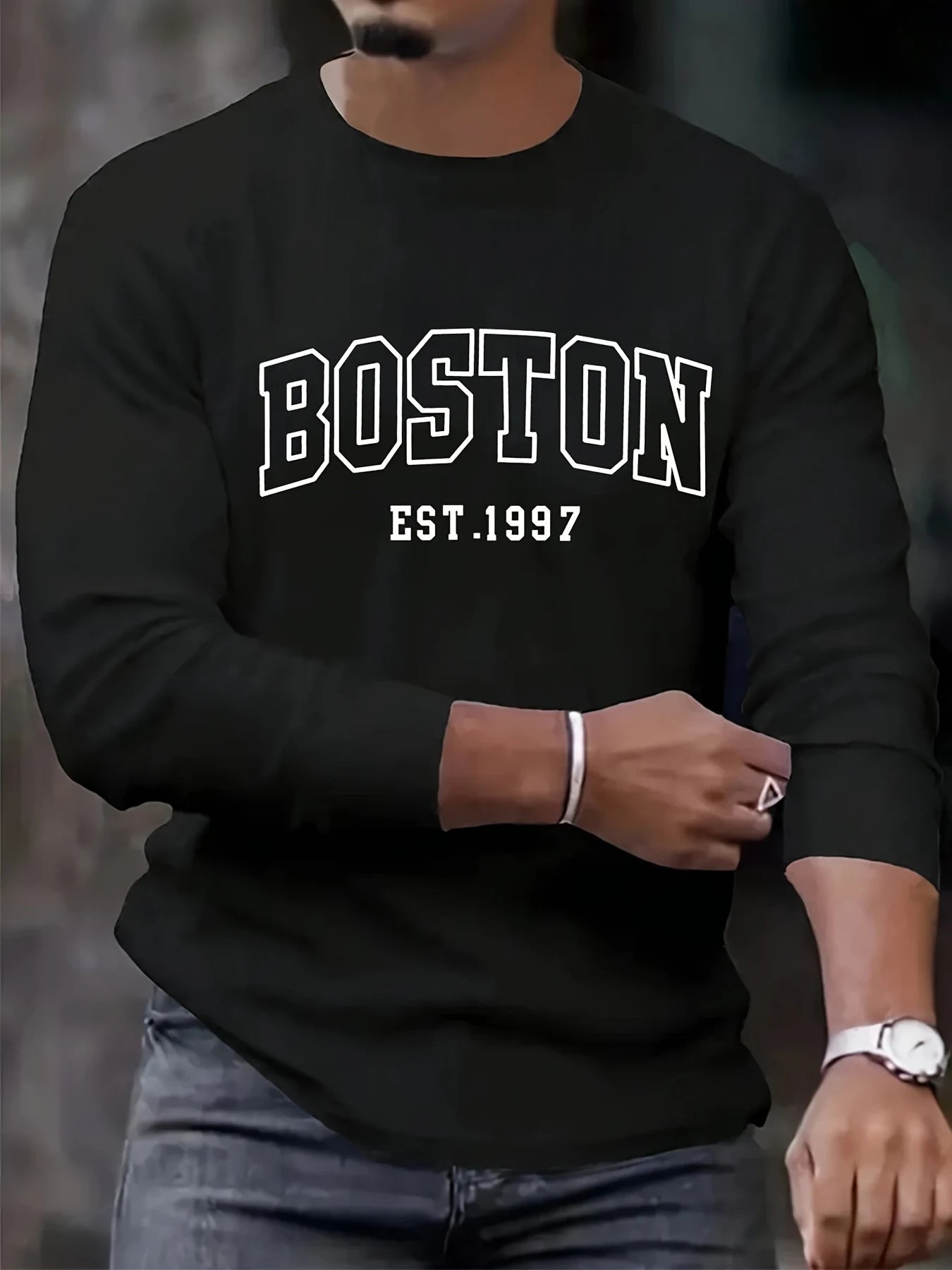 Men's 100% pure cotton loose fit plus size comfortable casual sports Boston letter printed round neck long sleeved T-shirt top
