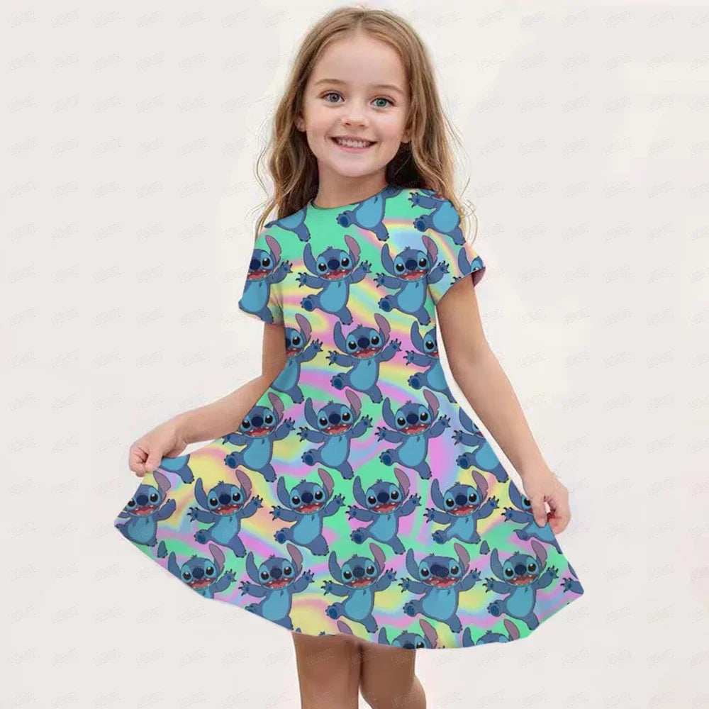 MINISO New Summer Girl Dress Disney Stitch Cute 3D Print Children's Clothing 2024 Cute Fashion Princess Cartoon Comfortable