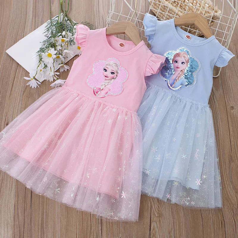 Girls Clothes 2025 New Summer Princess Dresses Flying Sleeve Kids Dress Frozen Elsa Party Baby Dresses for Children Clothing