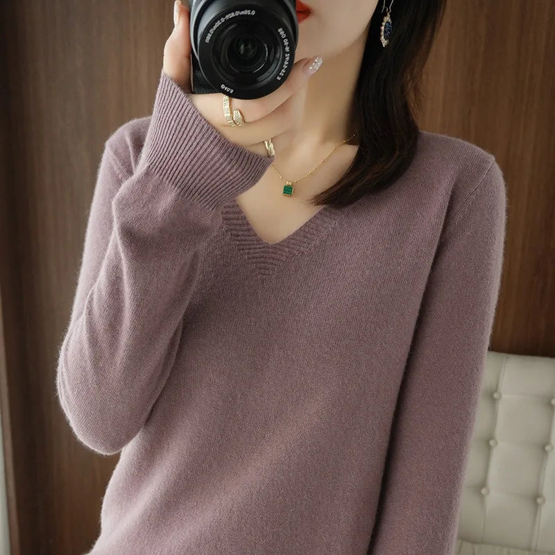 Women's Sweater 2025 Autumn Winter Knitted Pullovers V-neck Slim Fit Bottoming Shirt Solid Soft Knitwear Jumpers Basic Sweaters