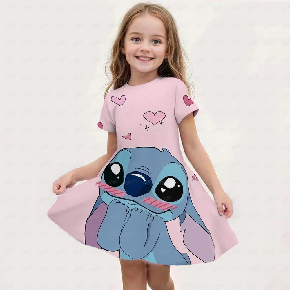 MINISO New Summer Girl Dress Disney Stitch Cute 3D Print Children's Clothing 2024 Cute Fashion Princess Cartoon Comfortable