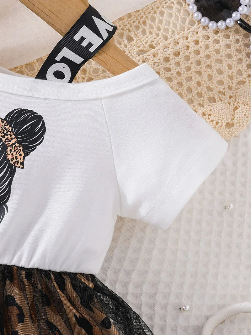 Children's Short Sleeve Dress 1-5Y Trendy Girls Patchwork Leopard Print Mesh Dresses Kid's Summer Clothes Girls Outfit