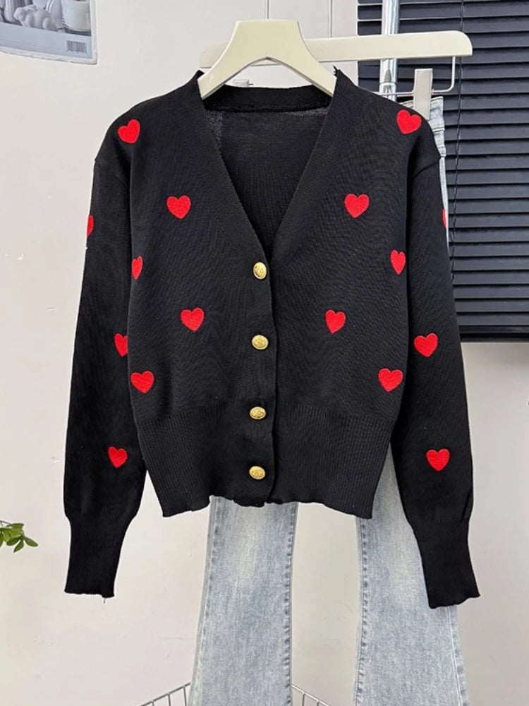 Sweater Women Knitted Coats Fashion V-neck Slim Versatile Heart Button Cardigan Autumn Office Lady Chic Long Sleeve Outerwear