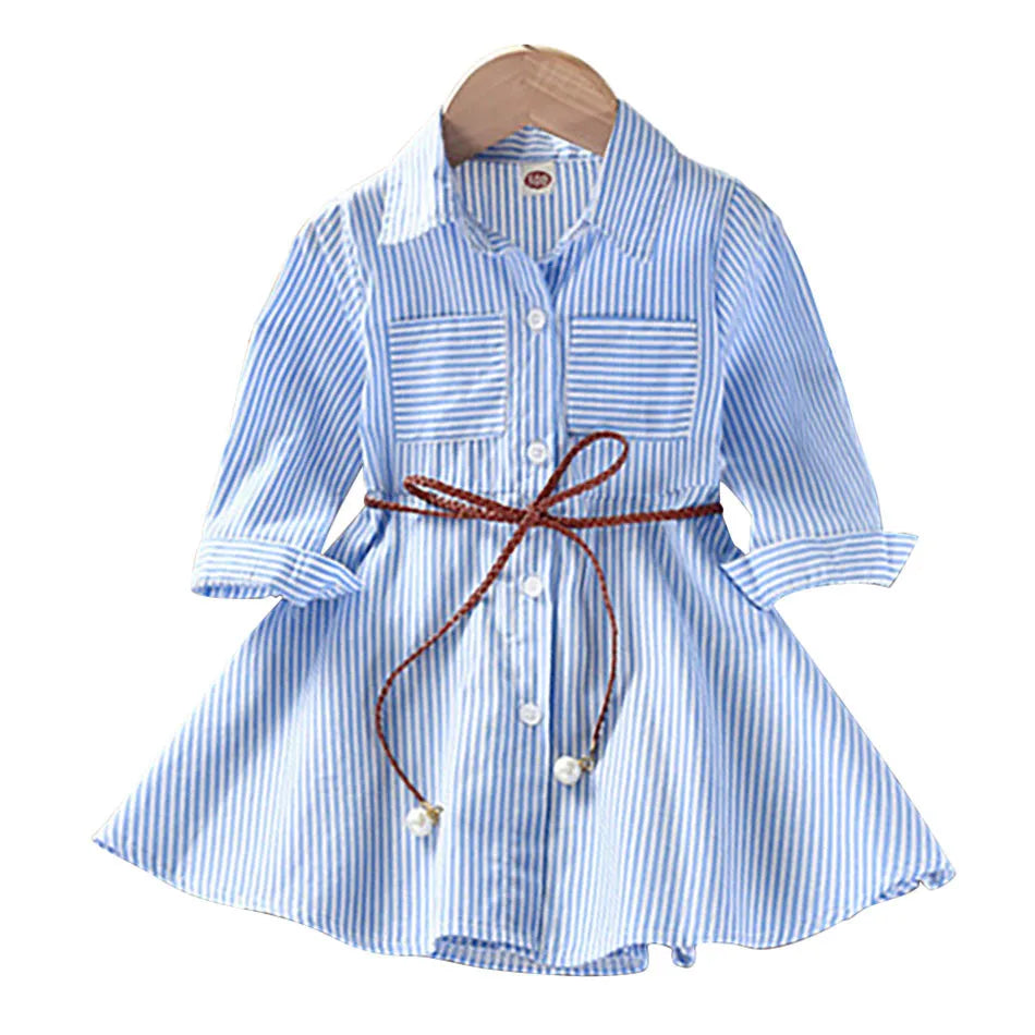 2025 Girls Fashion Clothes for Spring Autumn Striped Shirt Design with Belt Stylish and Comfortable Dress Girls Casual Dresses