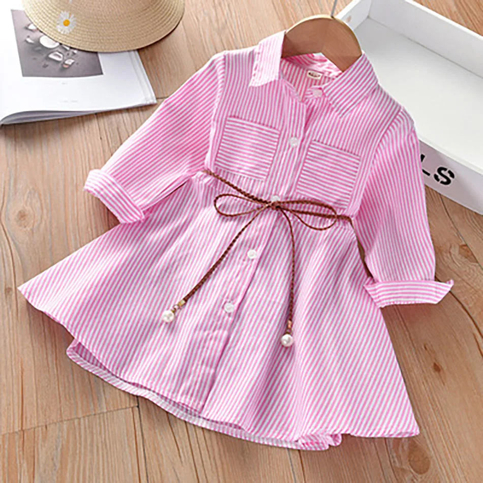 2025 Girls Fashion Clothes for Spring Autumn Striped Shirt Design with Belt Stylish and Comfortable Dress Girls Casual Dresses
