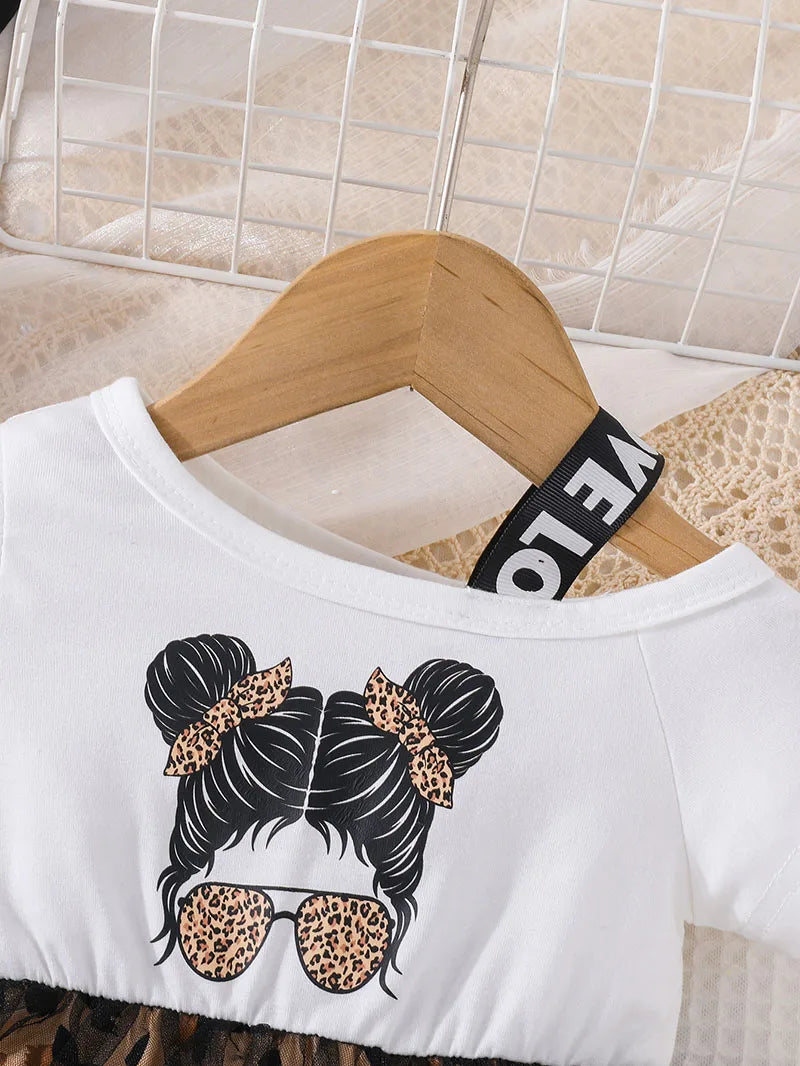 Children's Short Sleeve Dress 1-5Y Trendy Girls Patchwork Leopard Print Mesh Dresses Kid's Summer Clothes Girls Outfit