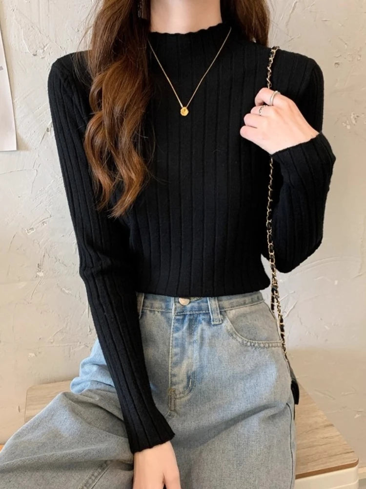 Woman Sweaters 2025 Autumn Winter Knitted Ribbed Turtleneck Sweater Women Clothes Long Sleeve Slim Basic Pullover Solid Tops