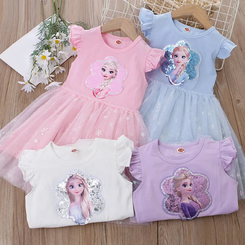 Girls Clothes 2025 New Summer Princess Dresses Flying Sleeve Kids Dress Frozen Elsa Party Baby Dresses for Children Clothing