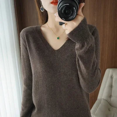 Women's Sweater 2025 Autumn Winter Knitted Pullovers V-neck Slim Fit Bottoming Shirt Solid Soft Knitwear Jumpers Basic Sweaters