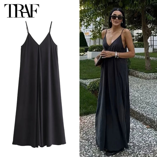 TRAF Black Slip Long Dresses for Women Red Draped Summer Dress Woman 2024 Sexy Backless Maxi Dress Women Summer Beach Dresses