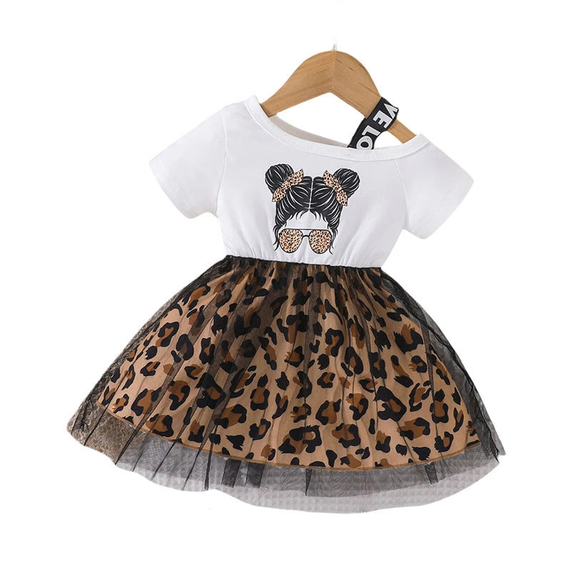 Children's Short Sleeve Dress 1-5Y Trendy Girls Patchwork Leopard Print Mesh Dresses Kid's Summer Clothes Girls Outfit