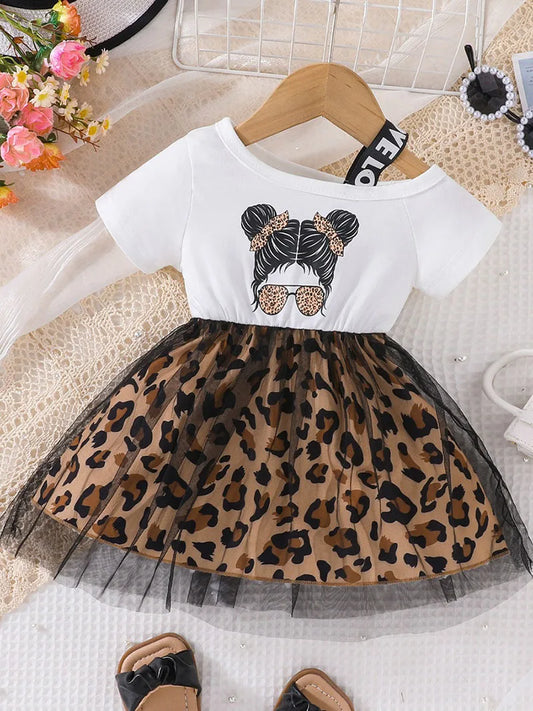 Children's Short Sleeve Dress 1-5Y Trendy Girls Patchwork Leopard Print Mesh Dresses Kid's Summer Clothes Girls Outfit