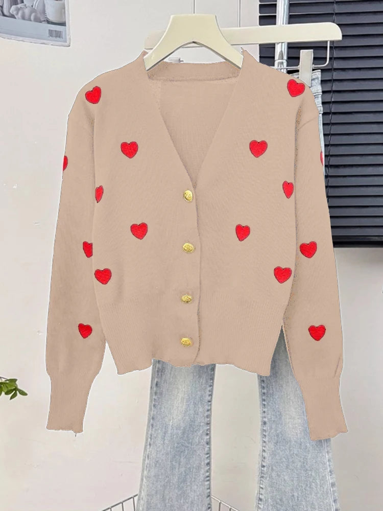 Sweater Women Knitted Coats Fashion V-neck Slim Versatile Heart Button Cardigan Autumn Office Lady Chic Long Sleeve Outerwear