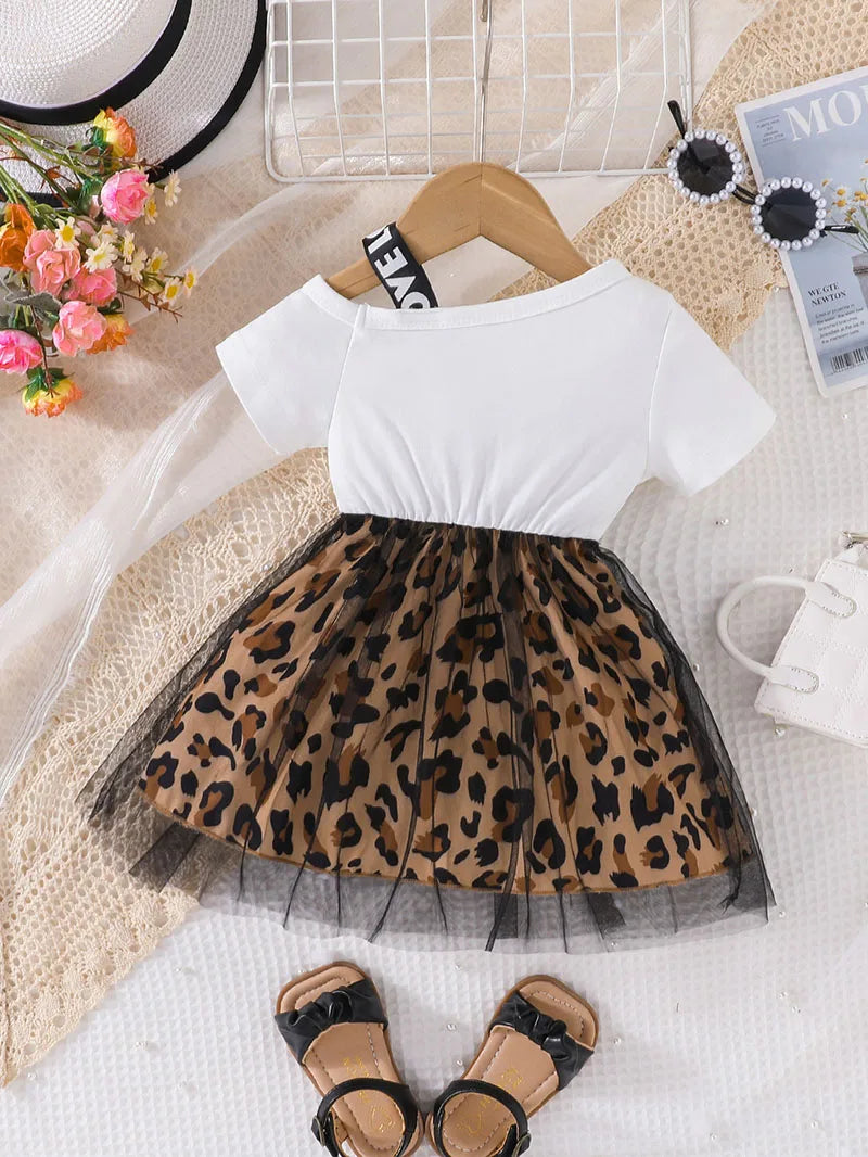 Children's Short Sleeve Dress 1-5Y Trendy Girls Patchwork Leopard Print Mesh Dresses Kid's Summer Clothes Girls Outfit
