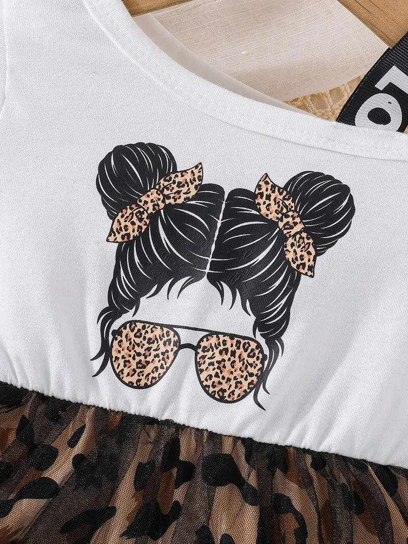 Children's Short Sleeve Dress 1-5Y Trendy Girls Patchwork Leopard Print Mesh Dresses Kid's Summer Clothes Girls Outfit