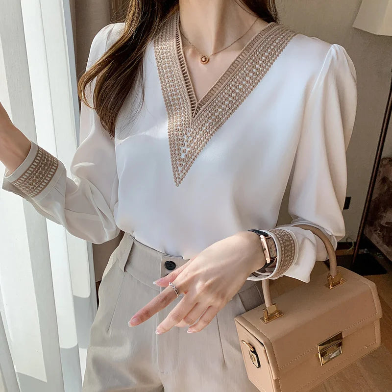 2025 Women Elegant Chiffon Shirts New Fashion White V Neck Casual Loose Long Sleeve Blouses Office Lady Tops Female Blusas 13366