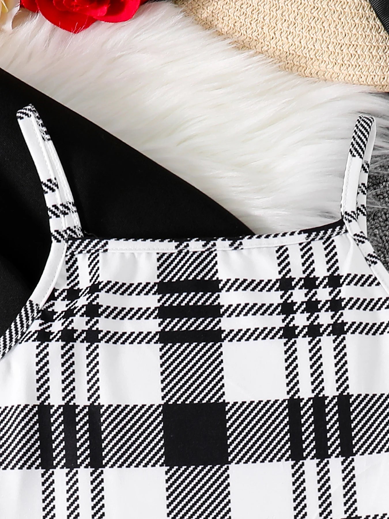 Spring and Autumn girl cute fashion outdoor casual 2-piece round neck long sleeve top + sleeveless plaid dress set