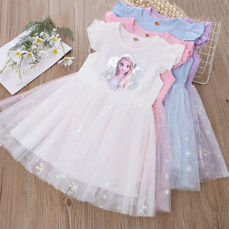 Girls Clothes 2025 New Summer Princess Dresses Flying Sleeve Kids Dress Frozen Elsa Party Baby Dresses for Children Clothing