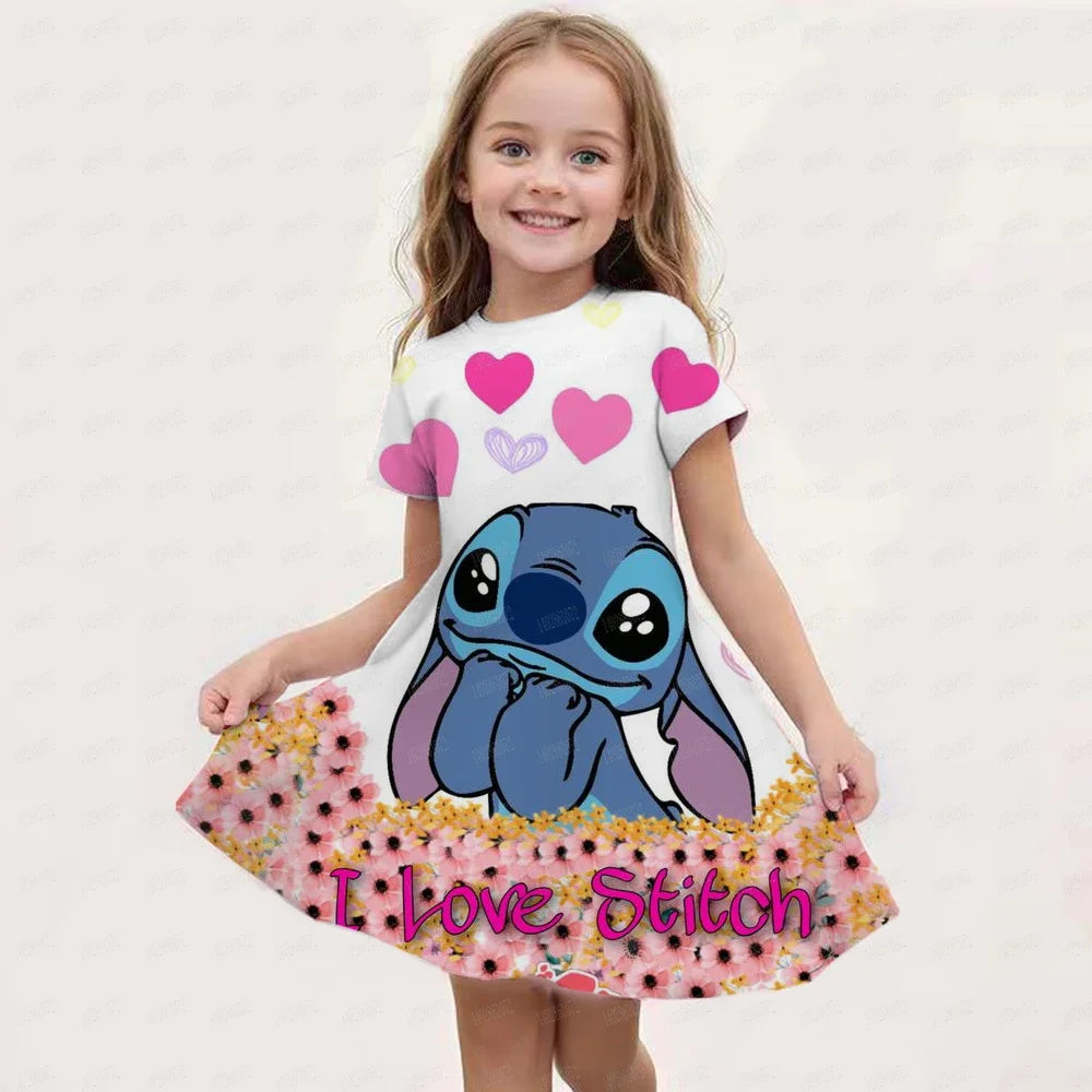 MINISO New Summer Girl Dress Disney Stitch Cute 3D Print Children's Clothing 2024 Cute Fashion Princess Cartoon Comfortable