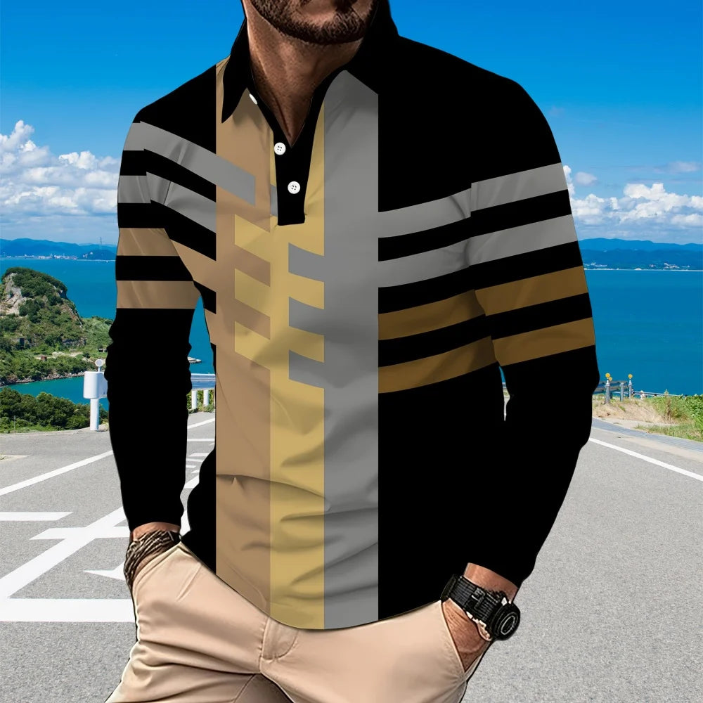 Fashion Black Striped Print 2024 Golf Wear Men White Collar Buttons Polo Shirt for Men Office Lapel Long Sleeves Men's Clothing