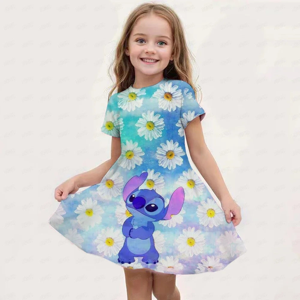 MINISO New Summer Girl Dress Disney Stitch Cute 3D Print Children's Clothing 2024 Cute Fashion Princess Cartoon Comfortable