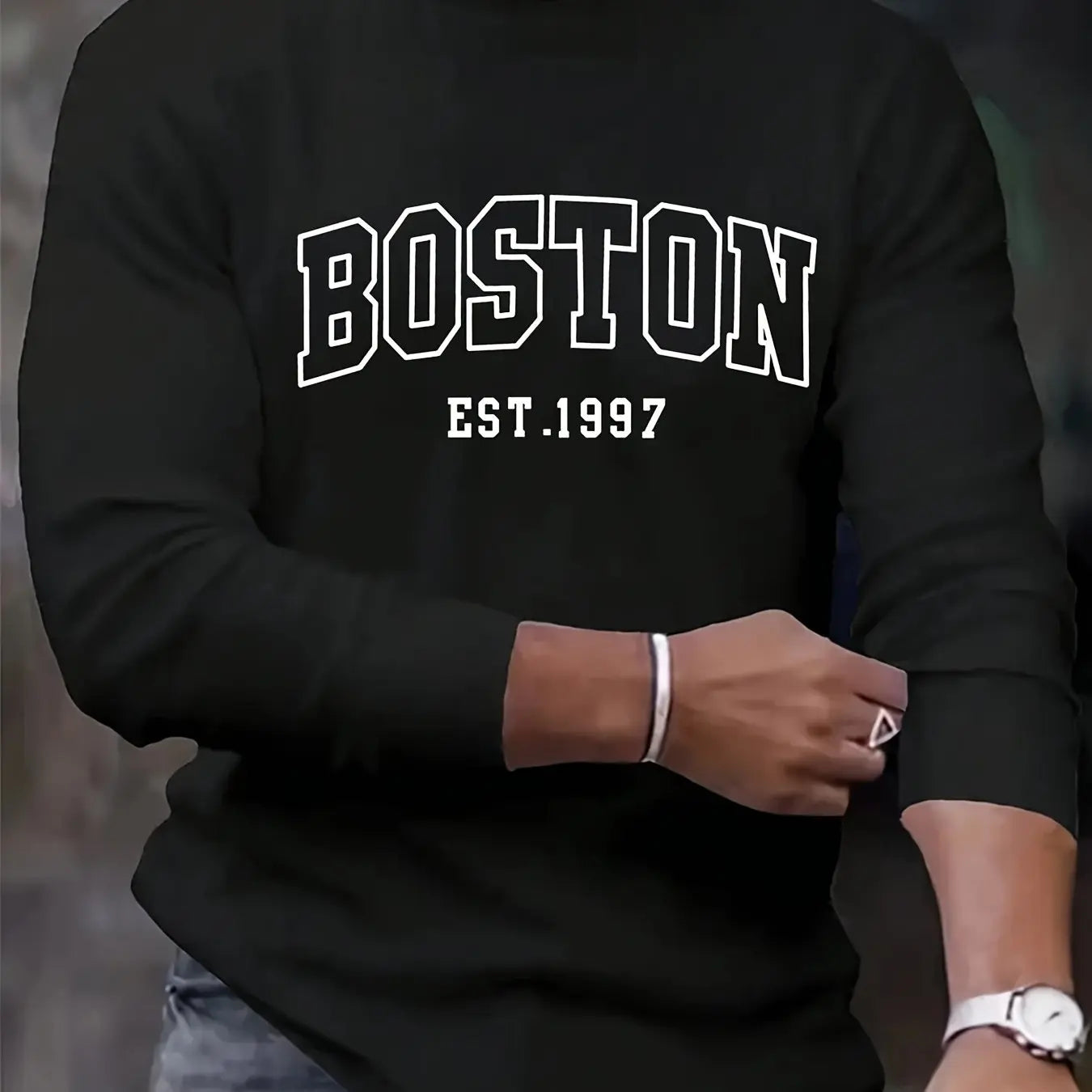 Men's 100% pure cotton loose fit plus size comfortable casual sports Boston letter printed round neck long sleeved T-shirt top
