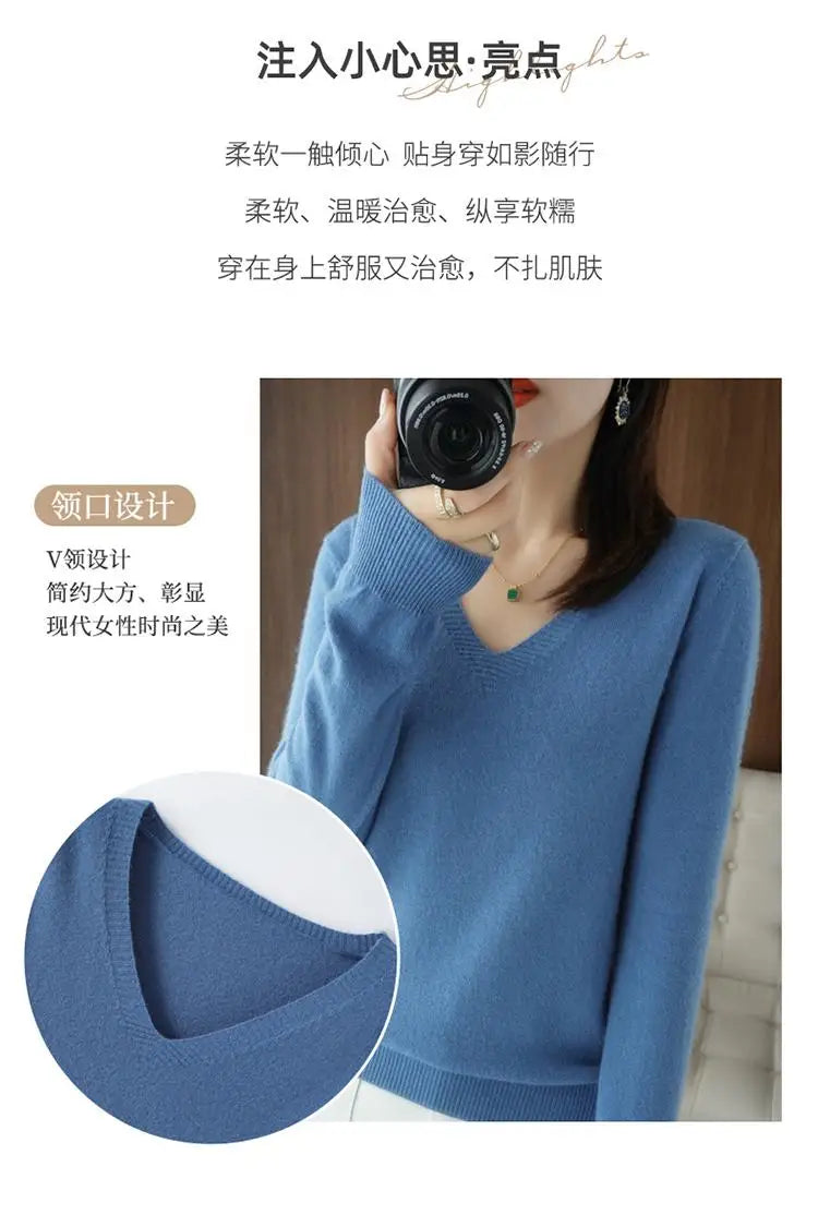 Women's Sweater 2025 Autumn Winter Knitted Pullovers V-neck Slim Fit Bottoming Shirt Solid Soft Knitwear Jumpers Basic Sweaters