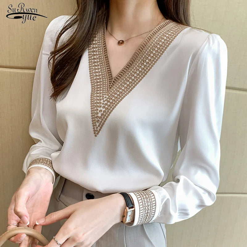 2025 Women Elegant Chiffon Shirts New Fashion White V Neck Casual Loose Long Sleeve Blouses Office Lady Tops Female Blusas 13366