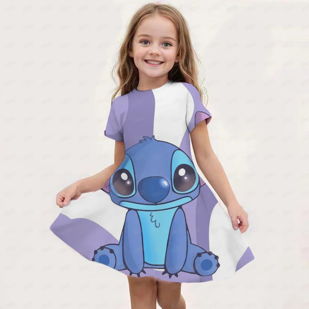 MINISO New Summer Girl Dress Disney Stitch Cute 3D Print Children's Clothing 2024 Cute Fashion Princess Cartoon Comfortable
