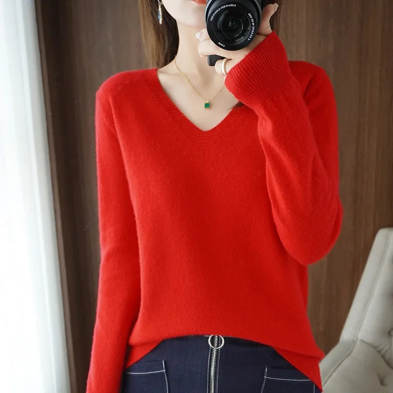 Women's Sweater 2025 Autumn Winter Knitted Pullovers V-neck Slim Fit Bottoming Shirt Solid Soft Knitwear Jumpers Basic Sweaters