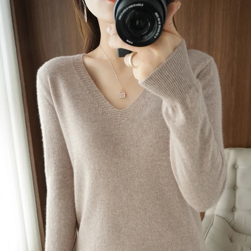 Women's Sweater 2025 Autumn Winter Knitted Pullovers V-neck Slim Fit Bottoming Shirt Solid Soft Knitwear Jumpers Basic Sweaters